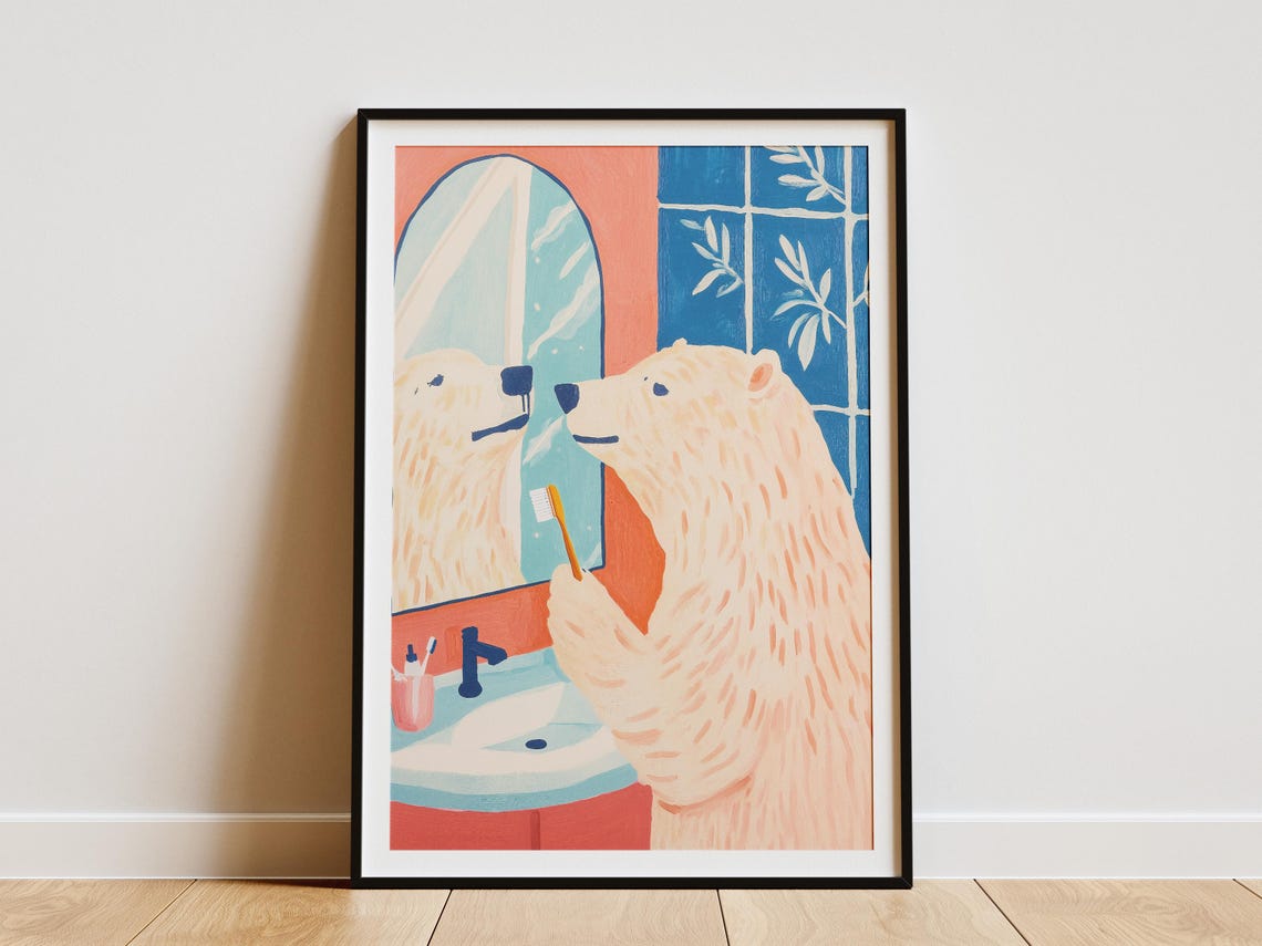 Polar Bear Brushing Teeth at Mirror Red Blue Bathroom Poster