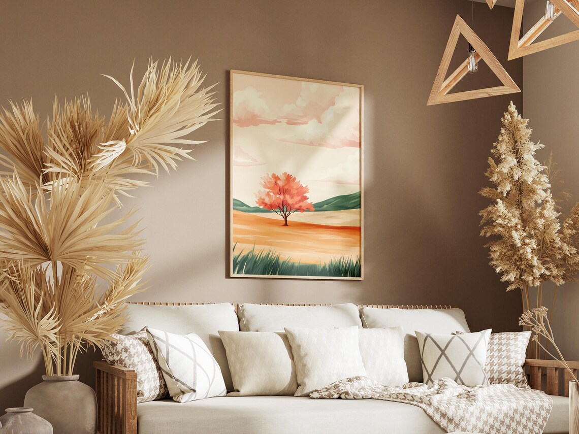 Solitary Orange Blossom Tree In Golden Field Landscape Poster - Image 3