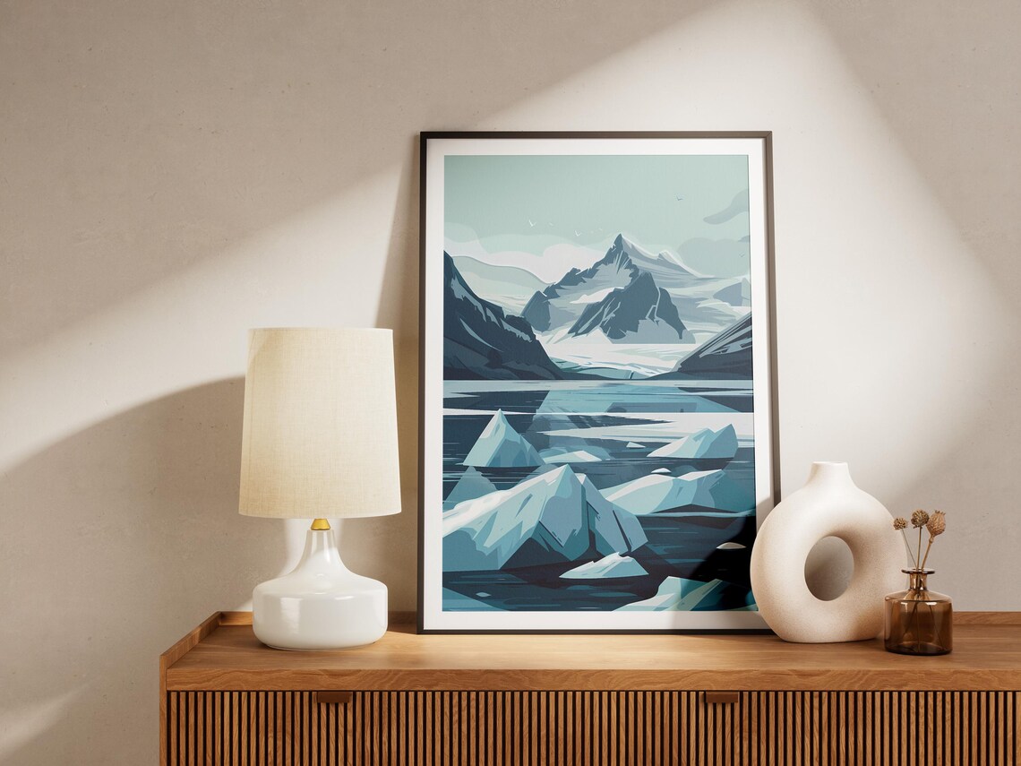 Iceland Glacier Lagoon Icebergs Minimalist Blue Landscape Poster - Image 2