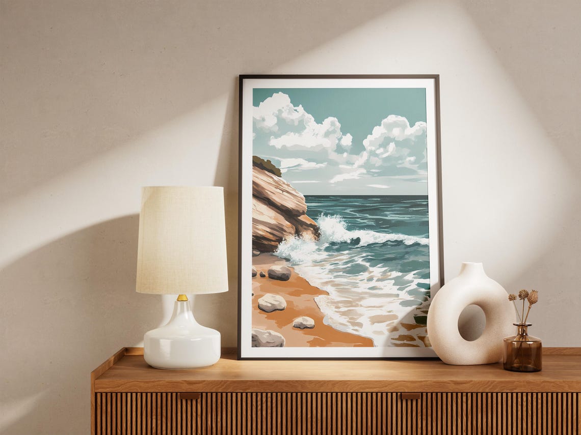 Ocean Wave Crashing Against a Rocky Cliff Sandy Beach Poster - Image 5