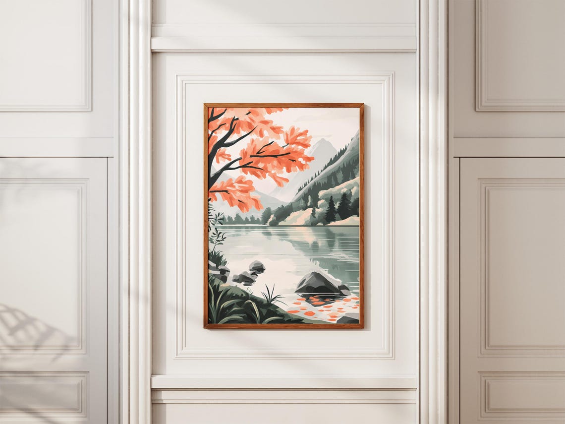 Delicate Coral Autumn Branch Over A Misty Mountain Lake Poster - Image 2