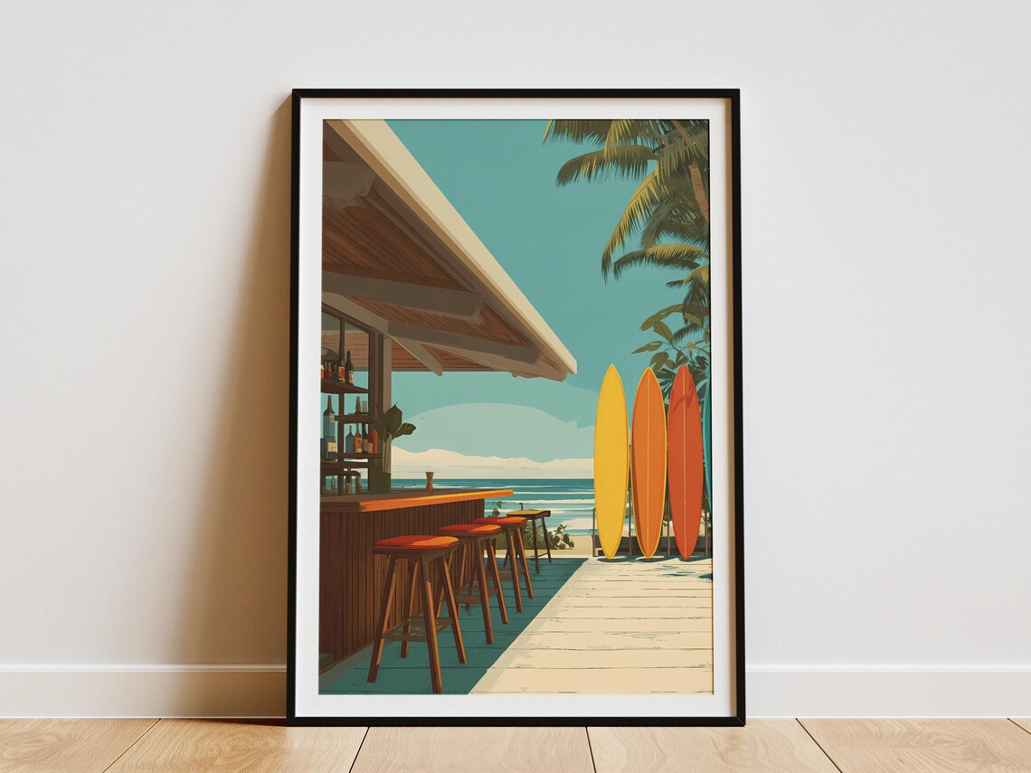 Tropical Beach Tiki Bar With Colorful Surfboards Ocean View Poster