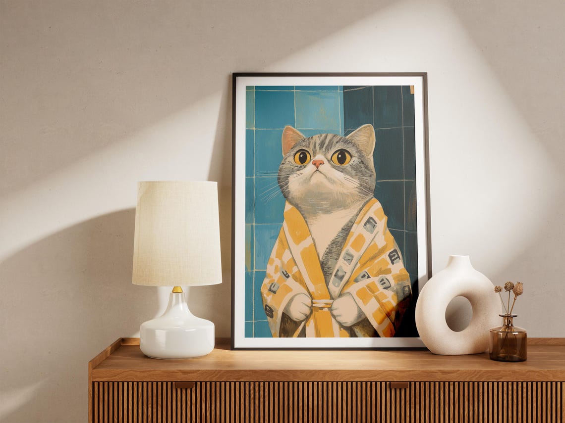 Round Faced Scottish Fold Cat in Yellow Patterned Robe Art Poster - Image 4