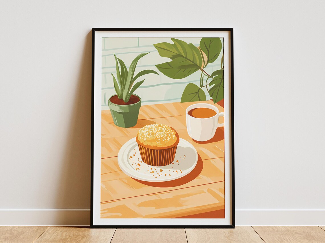 Streusel Muffin Cup of Tea Wooden Table Morning Kitchen Poster