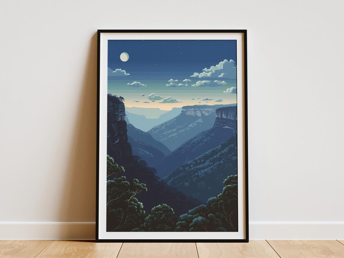 Blue Mountains Australia Starry Moonlit Valley Night Art Poster