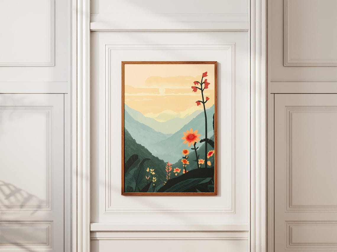 Sikkim Himalayan Misty Mountains Orange Bloom Valley Travel Poster - Image 2