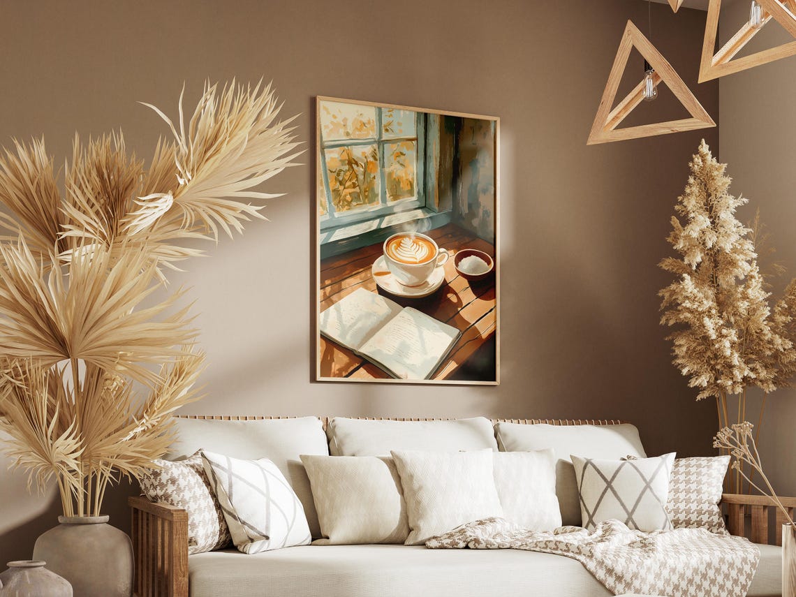 Window Seat Latte Art Leaf Cup Open Book Cozy Reading Poster - Image 3