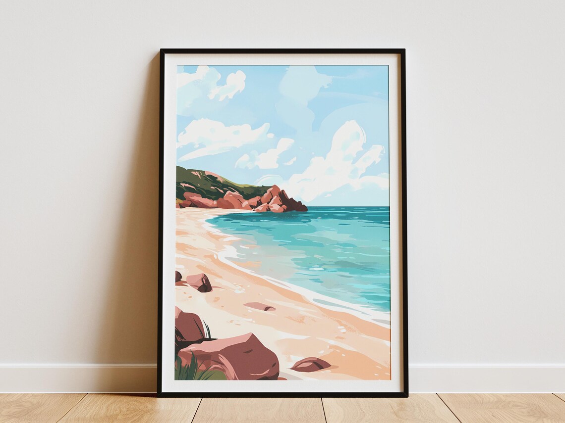 Sunny Beach Cove With Pink Rocks and Sparkling Turquoise Sea Poster