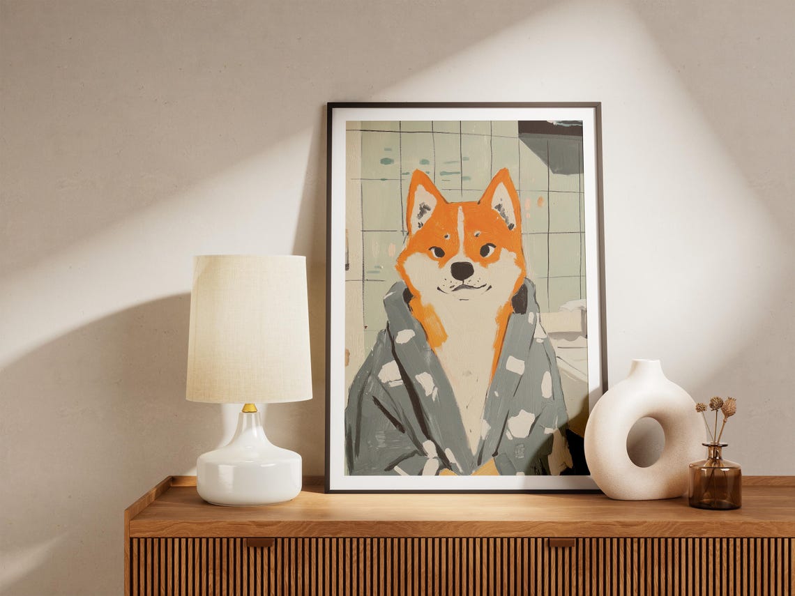 Shiba Inu in Grey Polka Dot Bathrobe Cute Bathroom Art Poster - Image 4