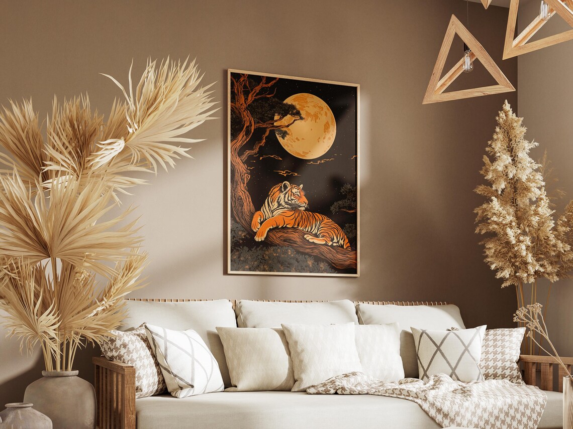 Tiger Resting on Branch Under Full Moon Traditional Chinese Art Poster - Image 3