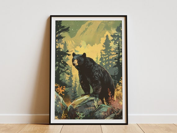 Black Bear Forest Poster Wildlife Art Print Nature Wall Decor Mountain Forest Art