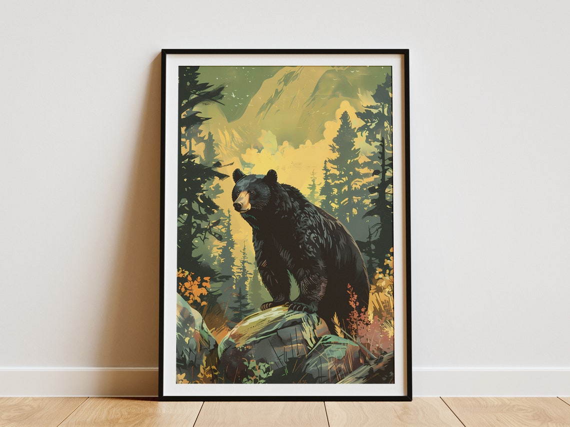 Black Bear Forest Poster Wildlife Art Print Nature Wall Decor Mountain Forest Art
