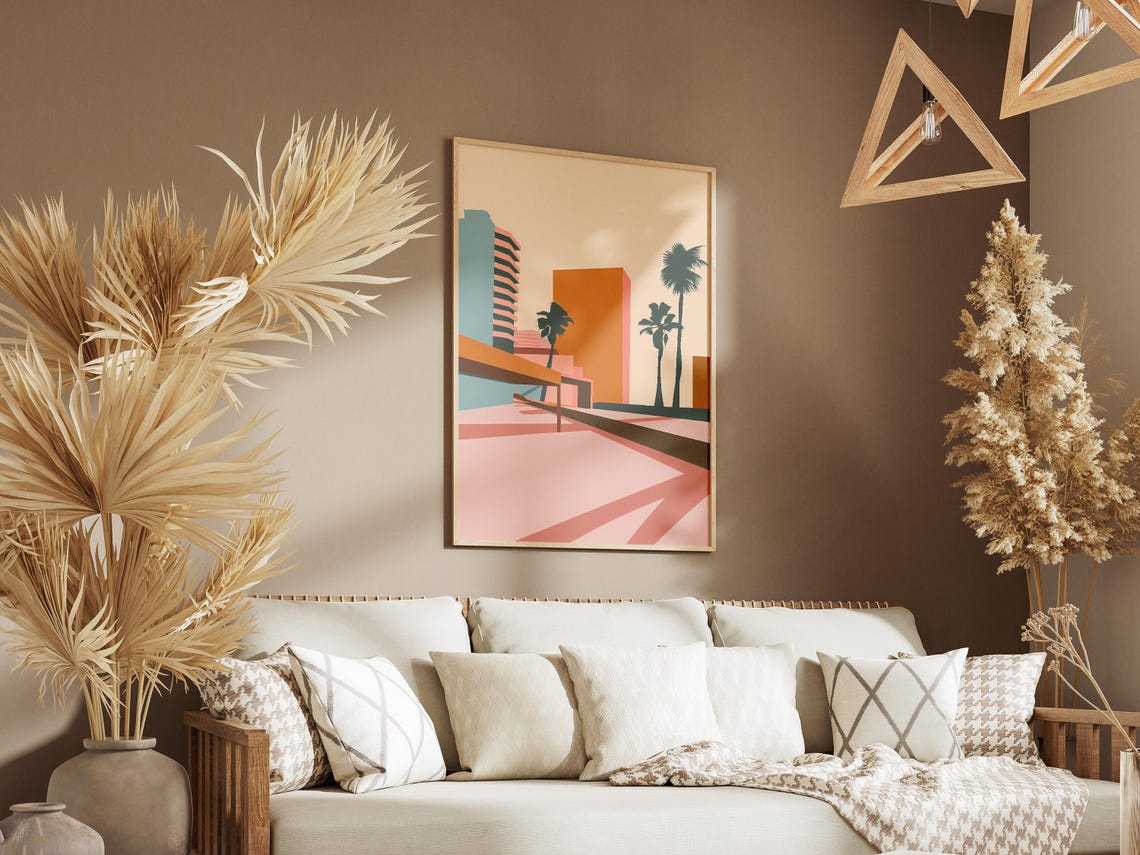 Los Angeles Downtown Skyline with Palm Trees in Peach Tones Poster - Image 3