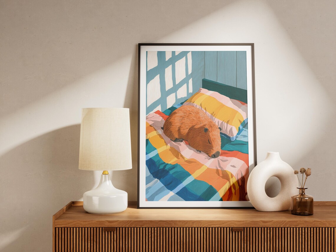 Capybara Sleeping in Cozy Bed Whimsical Colorful Animal Art Poster - Image 4