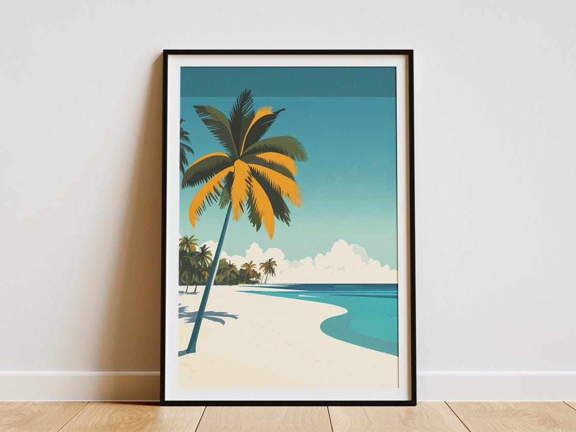 Maldives Tropical Beach with a Single Leaning Palm Tree Art Poster