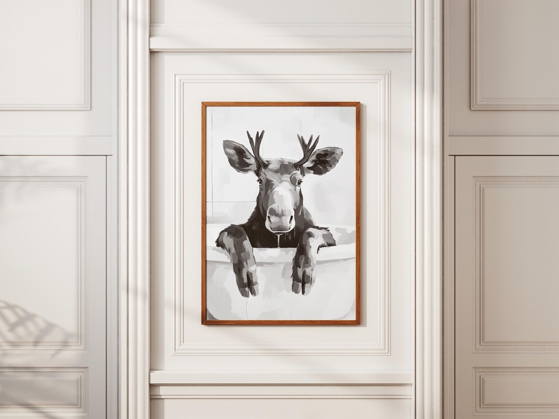 Moose In Bathtub Poster Resting Antlers Funny Bathroom Wall Decor - Image 2