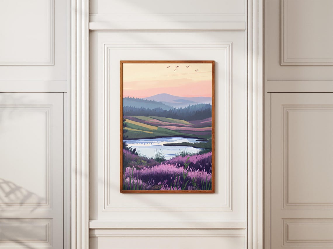 Purple Heather and Moss Hill Sunset Lakeside Scenic Art Poster - Image 2