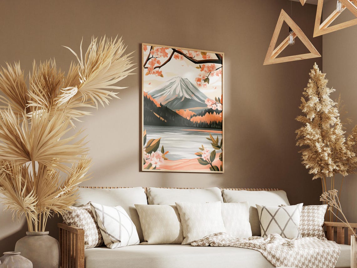 Cherry Blossom Branches Snow Capped Mountain Lake Scenic Poster - Image 3