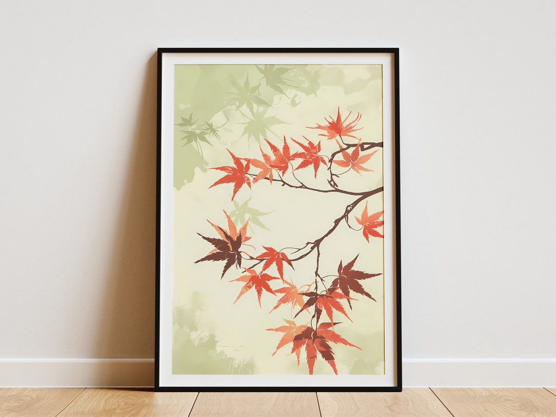 Japanese Maple Red Autumn Leaves Branch Botanical Art Poster