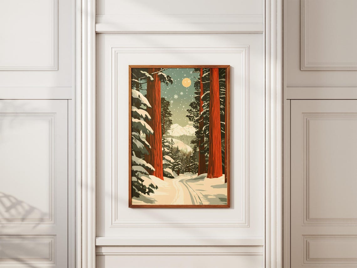 Moonlit Snowy Redwood Forest Path With Giant Trees Winter Poster - Image 2
