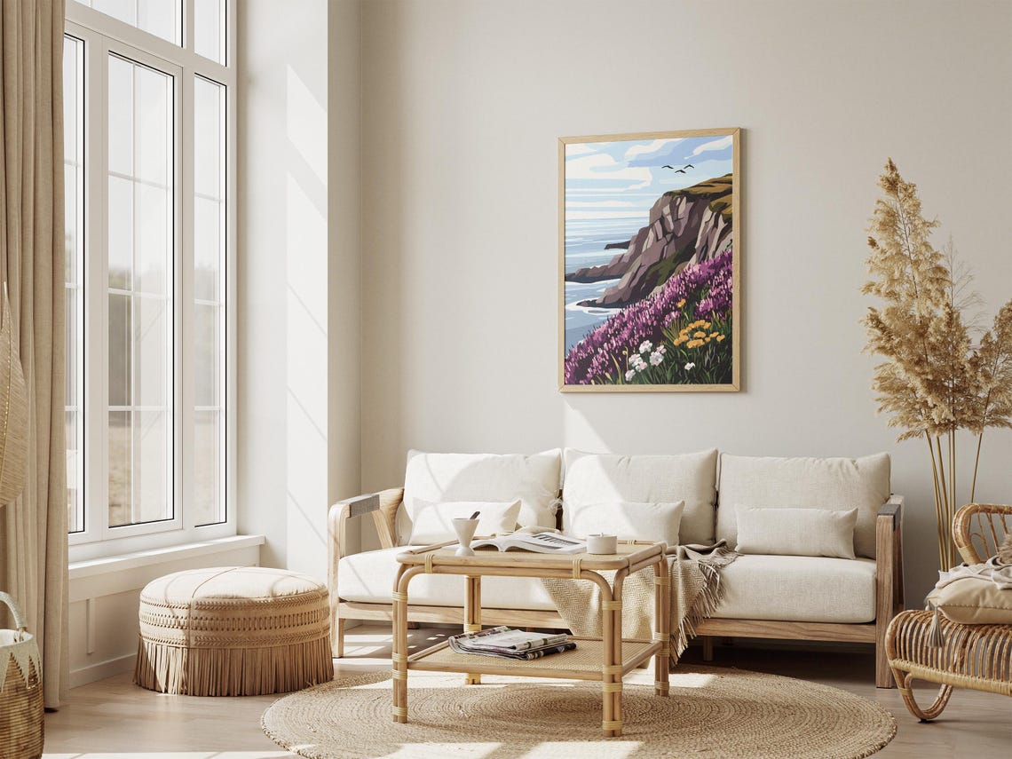 Purple Heather Cliff Overlooking the Ocean Coast Travel Art Poster - Image 4