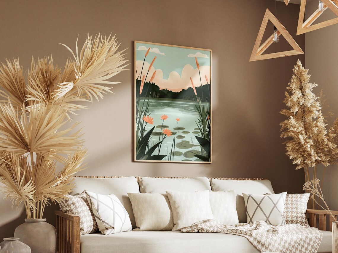 Orange Water Lilies Dawn Pond Lily Pads Reeds Serene View Poster - Image 3