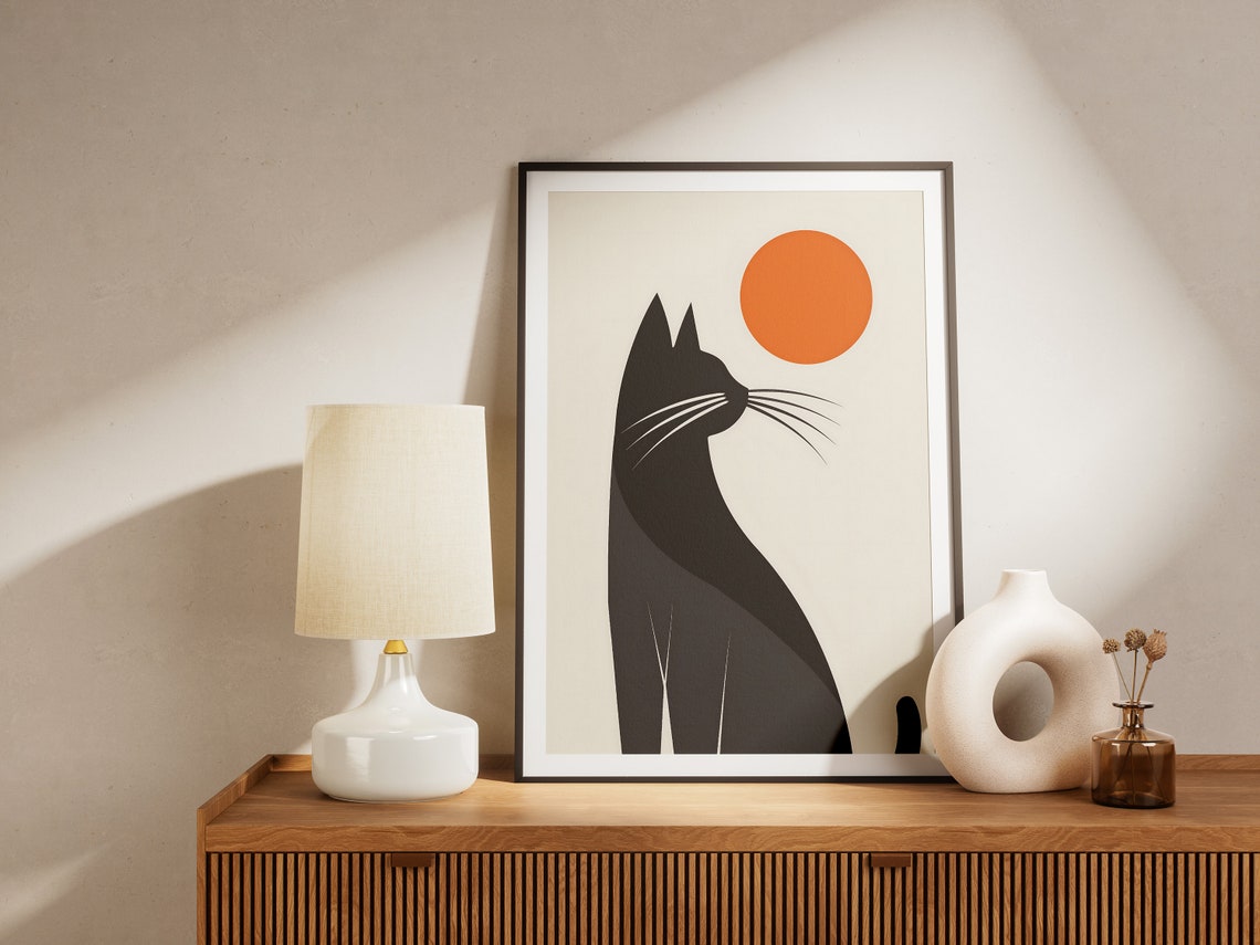 Black Cat Silhouette Gazing At Orange Sun Minimalist Art Poster - Image 2