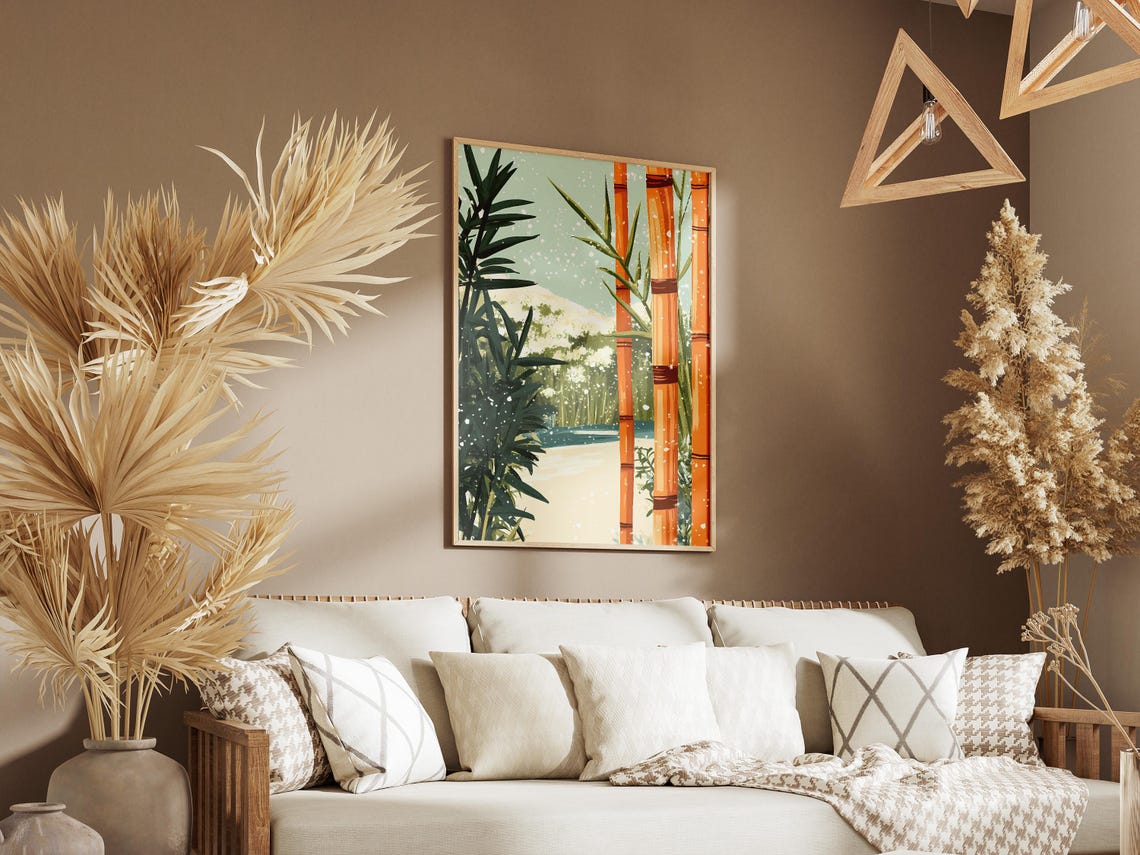 Snow Falling on Orange Bamboo Stalks Beside a Garden Pond Poster - Image 3