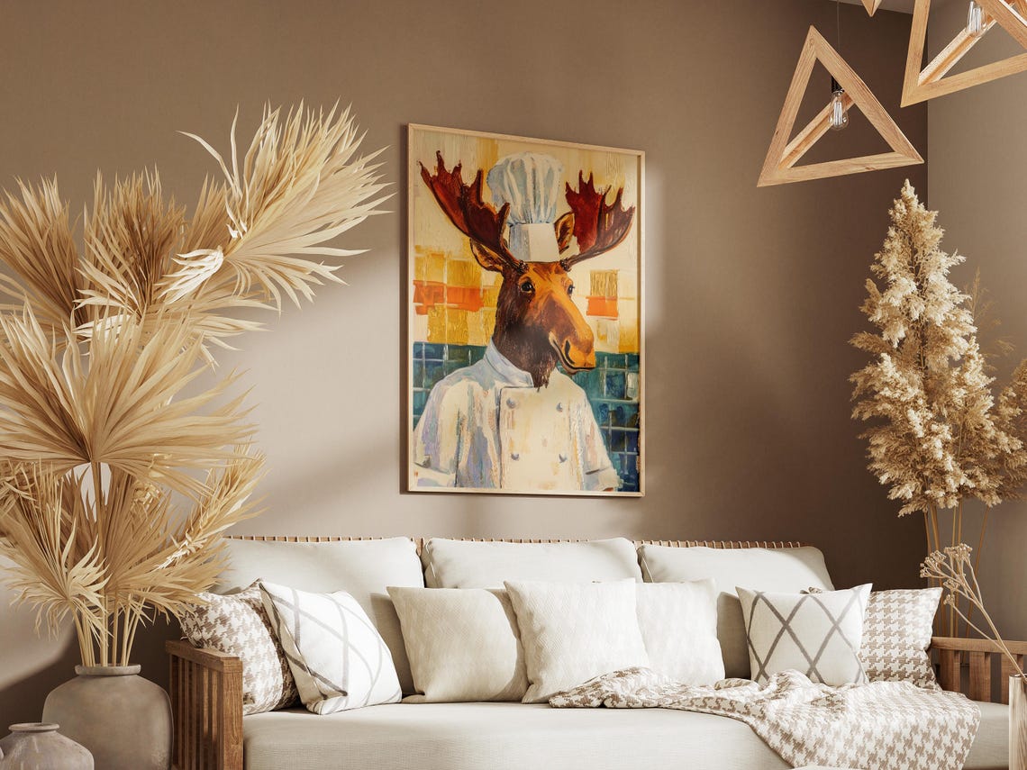 Moose Chef Art Print Funny Kitchen Poster Animal Portrait Whimsical Decor Unique - Image 3