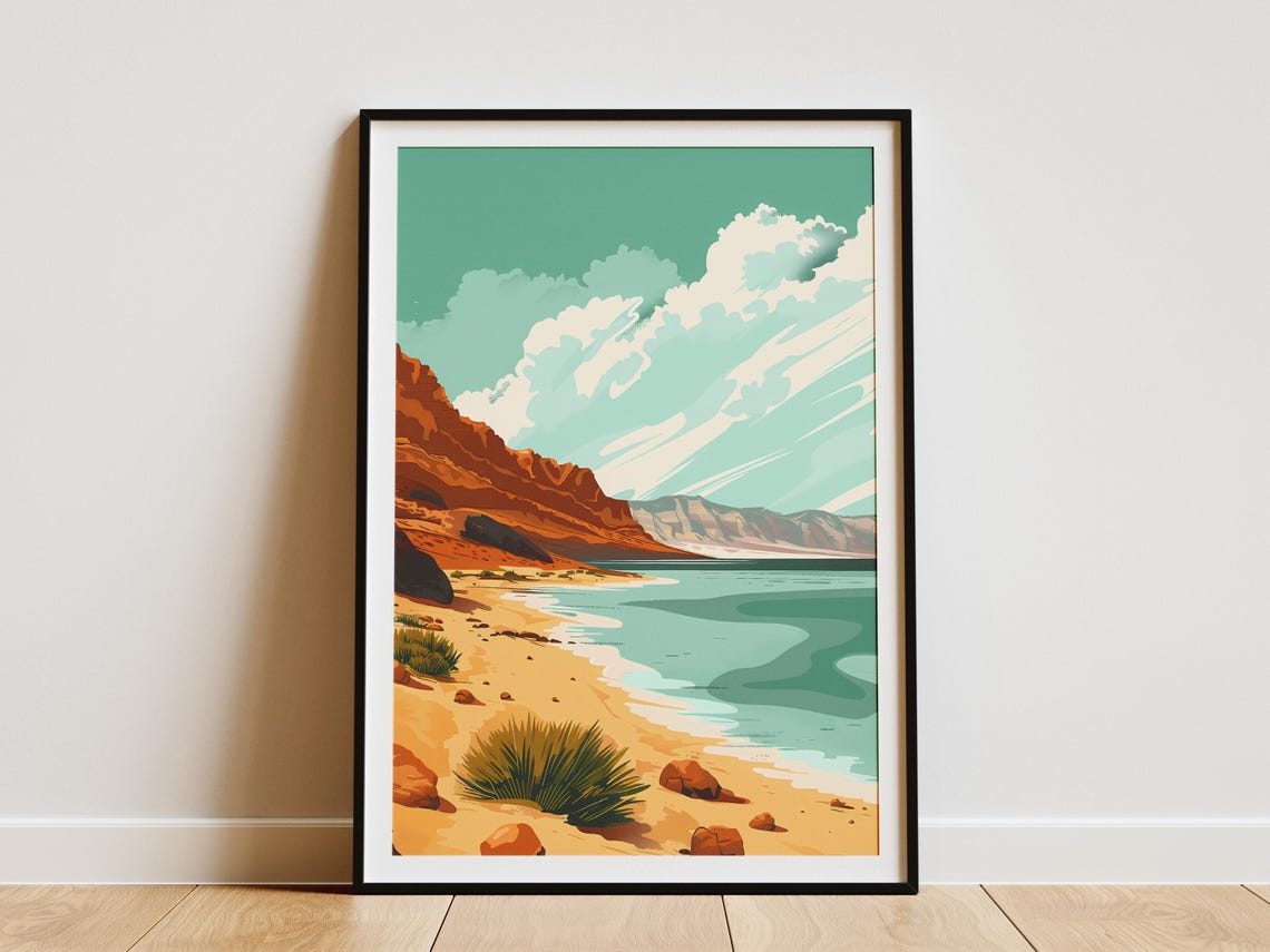 Dead Sea Red Cliff Beach Turquoise Water Minimalist Travel Poster