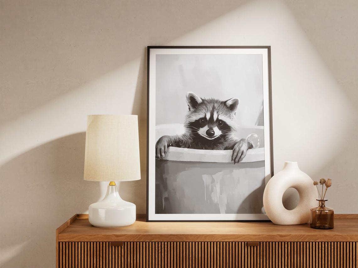 Cheeky Raccoon Bubble Bath Whimsical Minimalist Bathroom Poster - Image 4