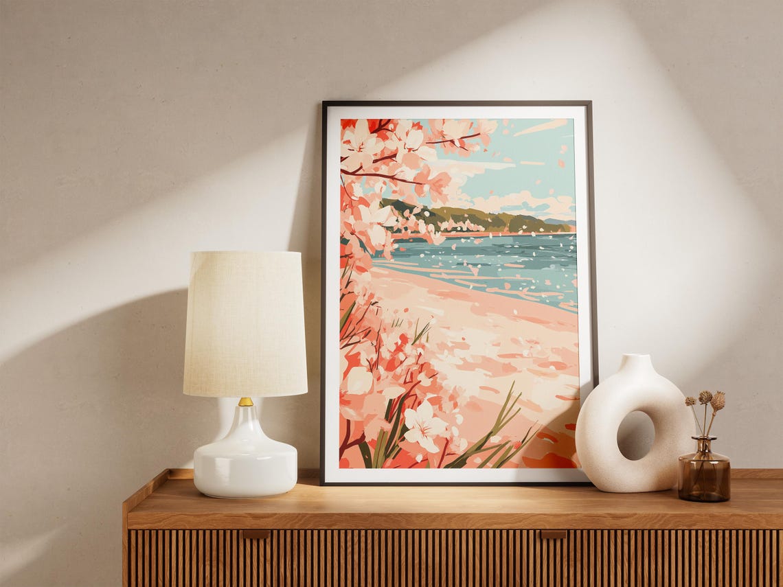 Cherry Blossoms Over a Peach-Sand Turquoise Beach Scene Poster - Image 5