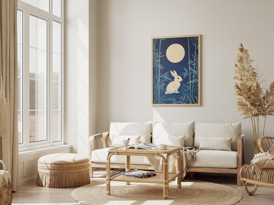 White Rabbit Sitting Under Full Moon in Blue Bamboo Grove Poster - Image 4