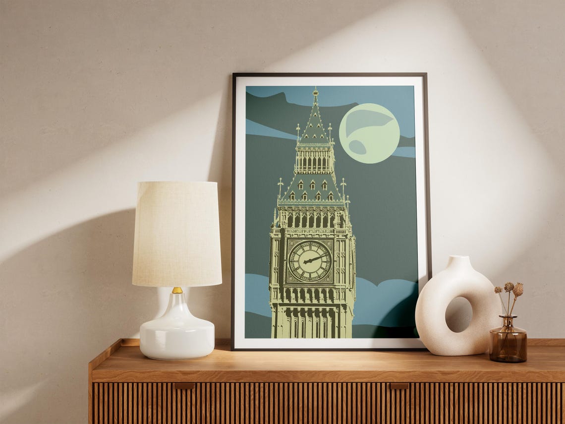 Big Ben London Under Moonlight Geometric Cityscape Travel Art Poster - Image 5