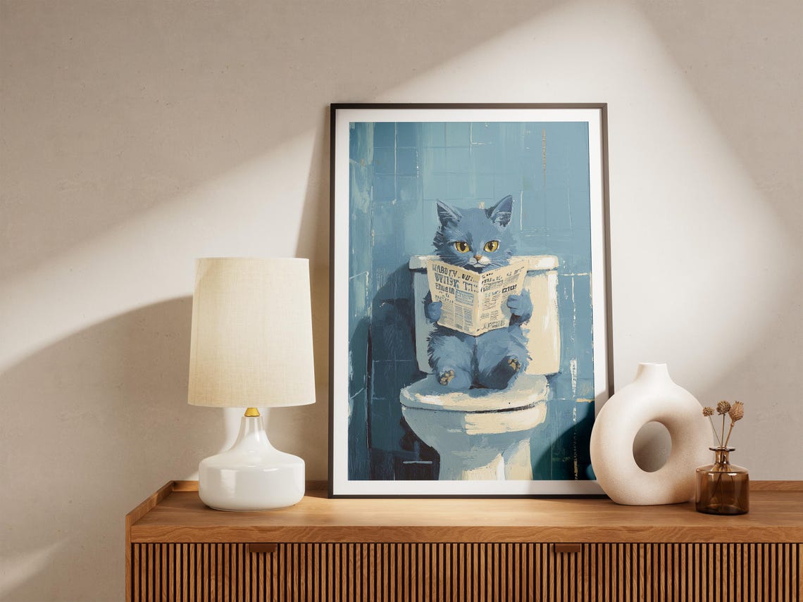 Blue Cat Reading Newspaper on Toilet Humorous Bathroom Poster - Image 4