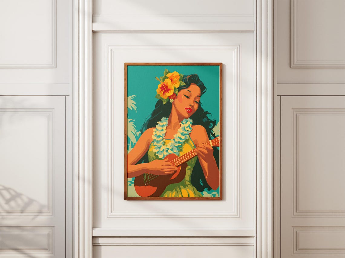 Hawaiian Hula Dancer Playing Ukulele Tropical Island Music Art Poster - Image 2