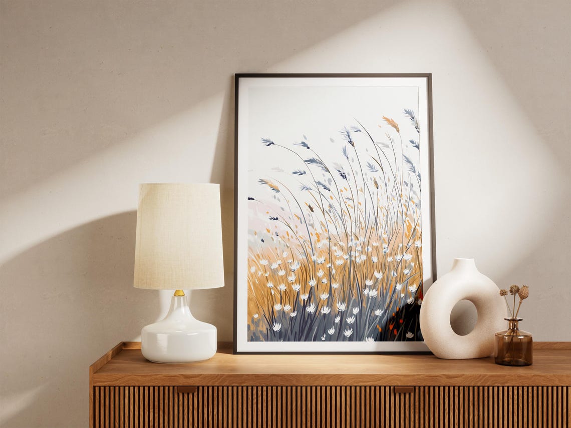 Minimalist White Wildflower Watercolor Poster in Blue and Gold - Image 5