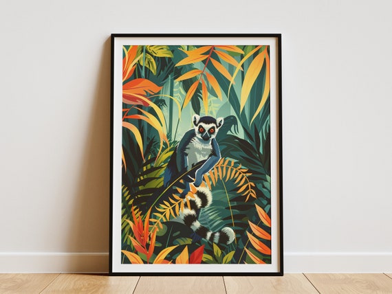 Tropical Jungle Lemur Poster Animal Print Wall Art Nature Decor Green Orange Jungle Leaf Print