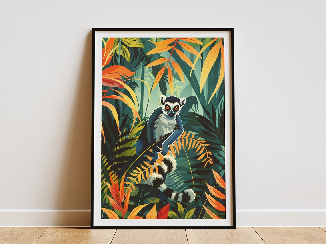 Ring Tailed Lemur Lush Foliage Tropical Jungle Wildlife Poster