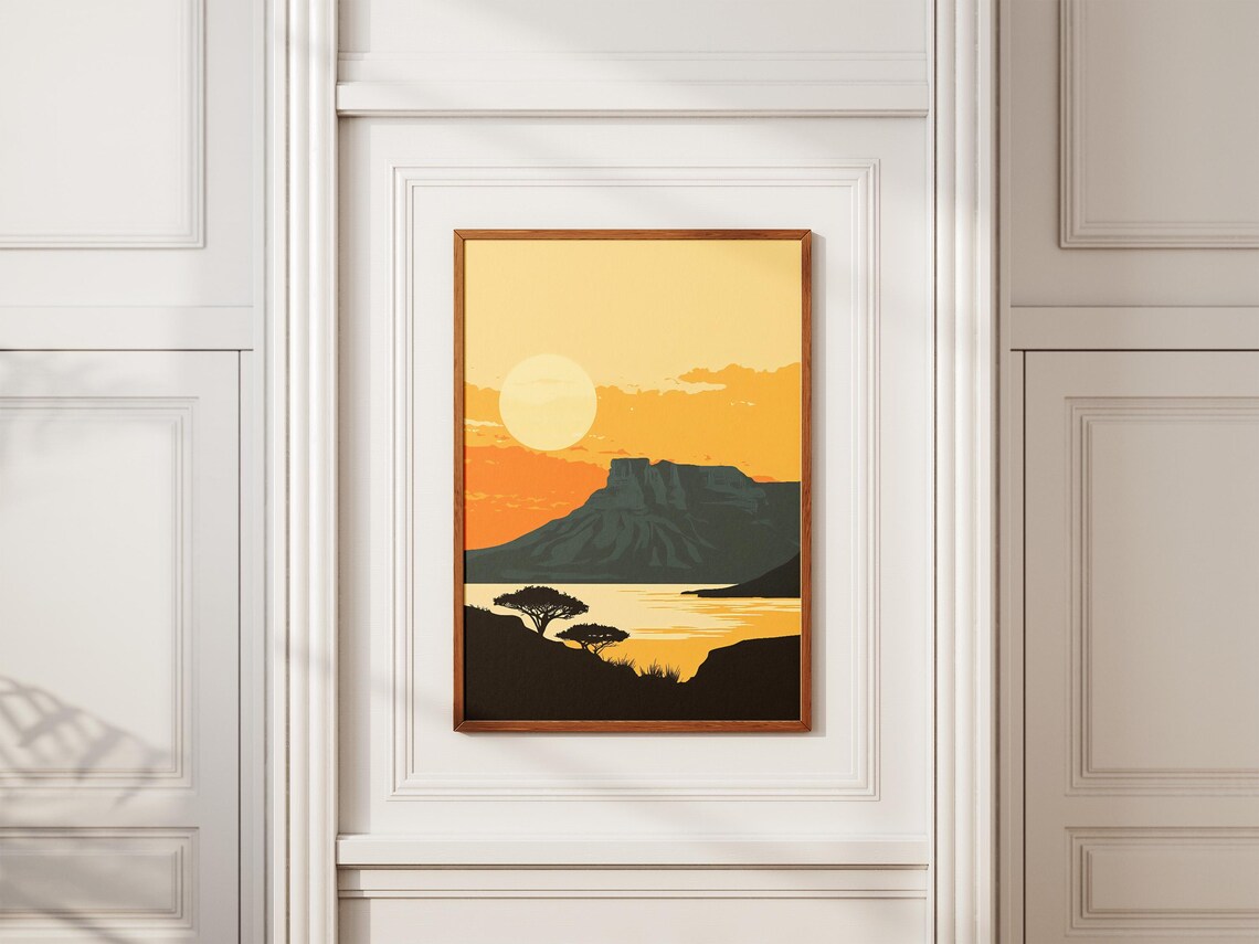 Table Mountain Golden Sunset Silhouette Travel Art Poster Scenic - Image 2