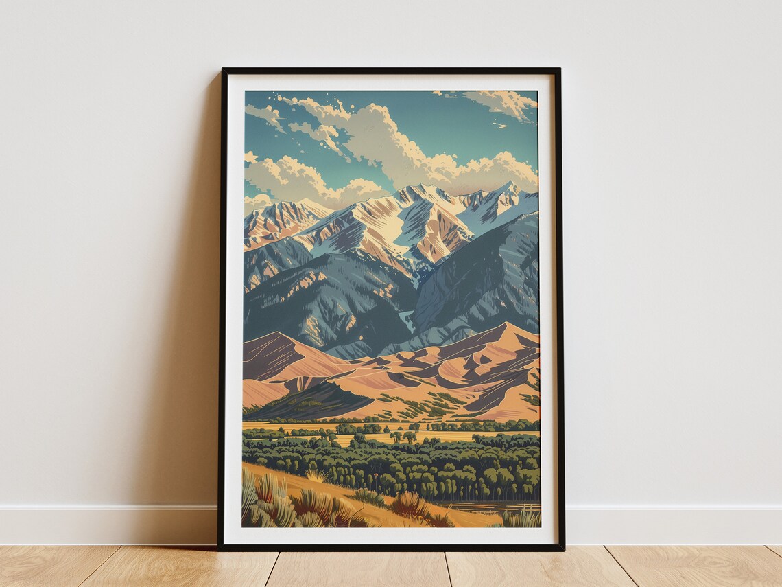Great Sand Dunes Snow Peaks Alpine Desert Mountains Vintage Poster