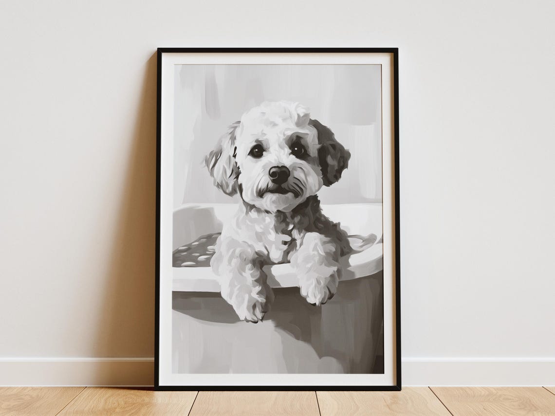 Bichon Frise Puppy In Bathtub Black and White Cute Art Poster