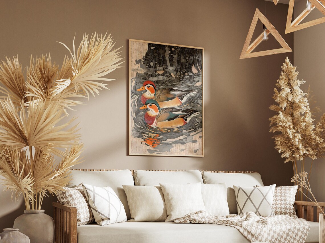 Mandarin Duck Couple Swimming Watercolor Bird Illustration Poster - Image 3