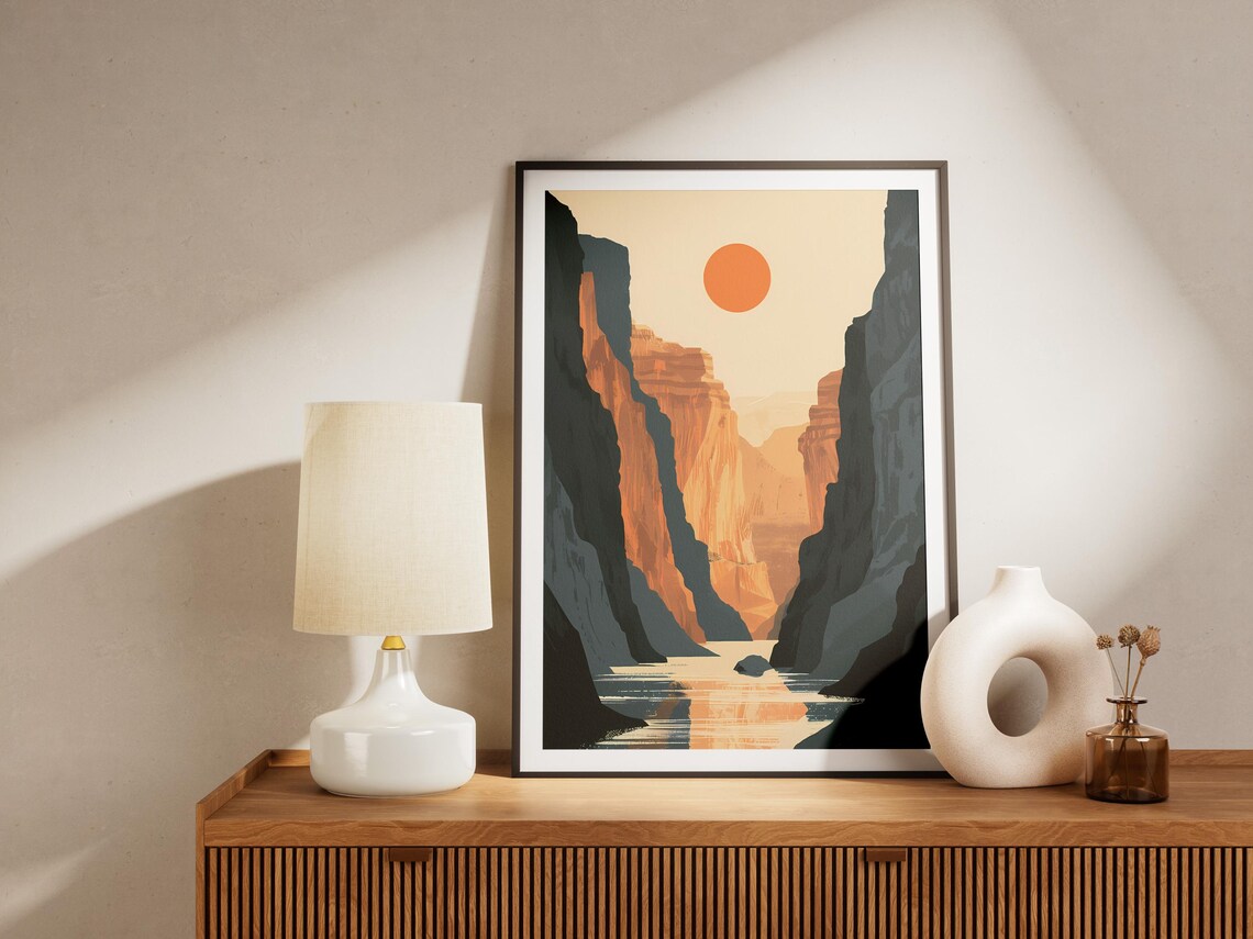 Desert Canyon Cliff River Golden Orange Sun Mid Century Poster - Image 2