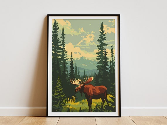 Moose Forest Vintage Travel Poster, Mid-Century Nature
