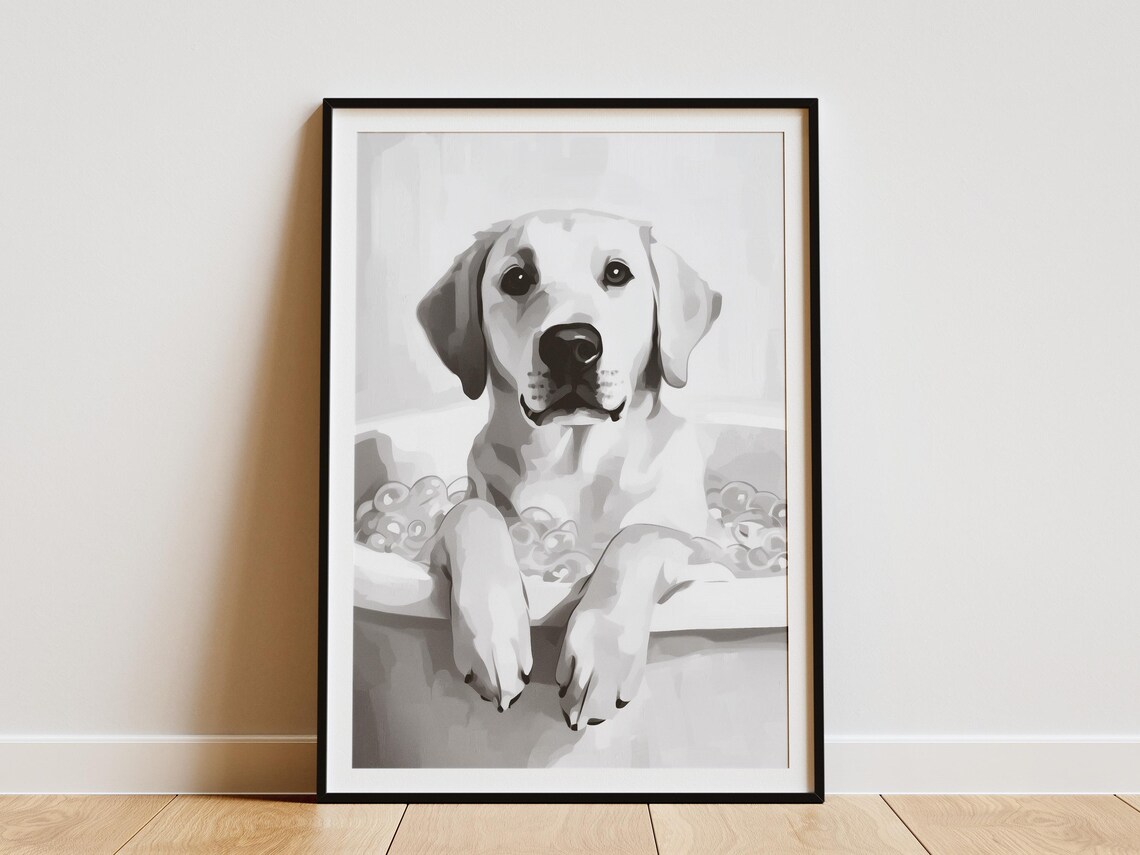 Yellow Labrador in Bubble Bath Black and White Cute Dog Decor Poster