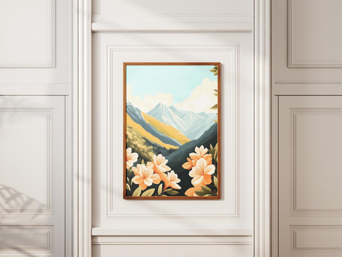 Peach Azalea Blossoms Blooming Before Snowy Mountain Peaks Poster - Image 2