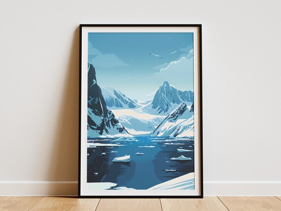 Antarctica Mountain Poster Minimalist Art Print Modern Home Decor Blue Landscape Wall Art Geometric Illustration