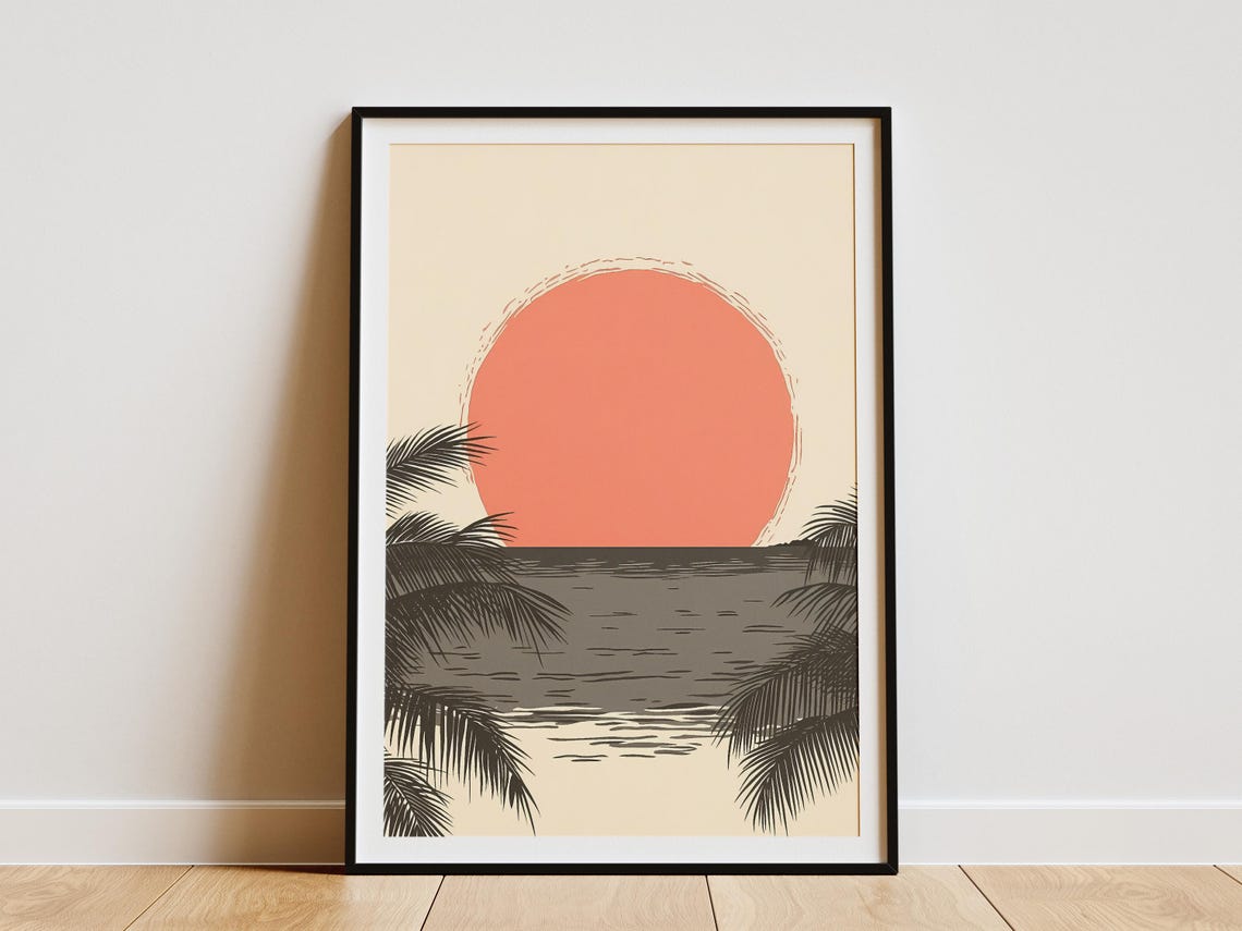 Coral Sun Setting Over the Ocean Framed by Palm Fronds Poster