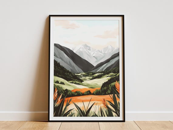 Mountain Valley Landscape Art Print Green Valley Poster Nature Wall Art Modern Home Decor Abstract Landscape Painting Nature Photography